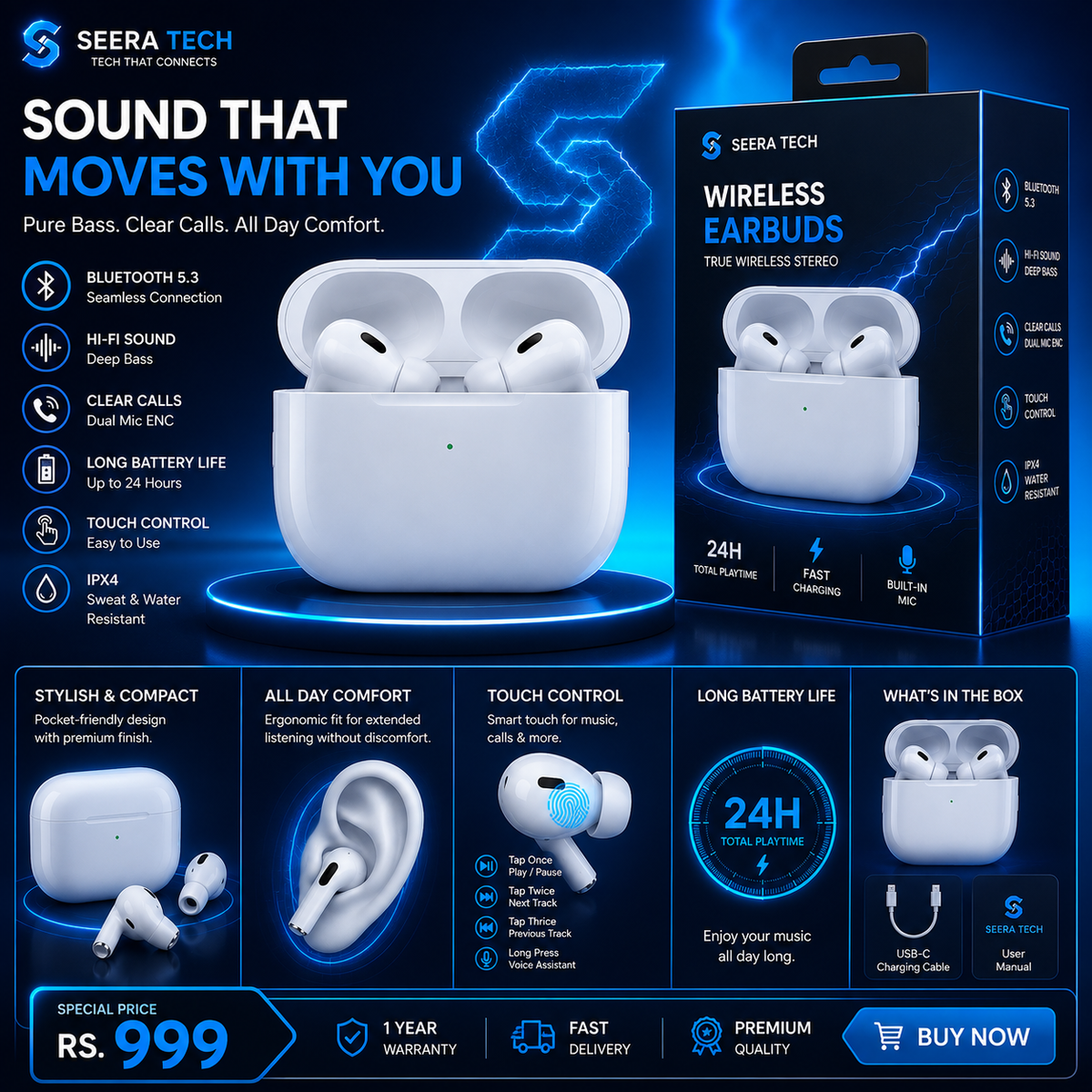 SEERA TECH Premium Wireless Earbuds – Bluetooth 5.3, Deep Bass & Touch Control  Short Shopify title chahiye ho to:  SEERA TECH Wireless Earbuds – Bluetooth 5.3 | Rs. 999