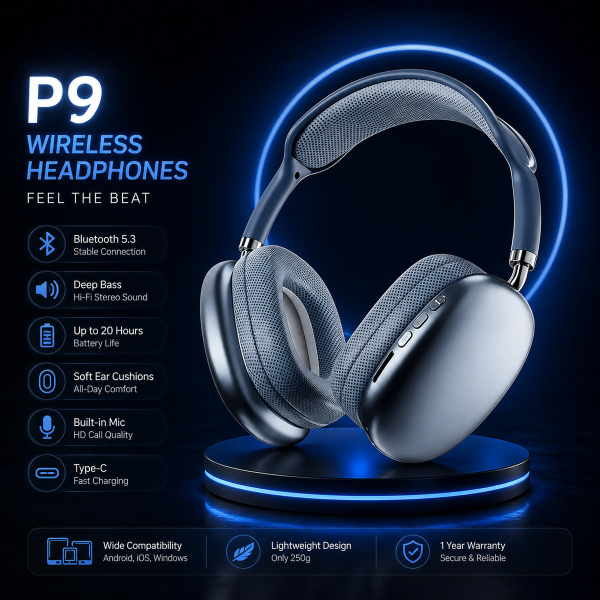 🎧 P9 Wireless Headphones – Deep Bass & Bluetooth 5.3