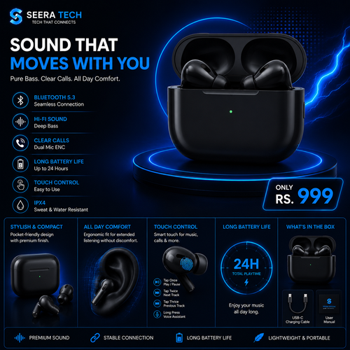 SEERA TECH Premium Wireless Earbuds – Bluetooth 5.3, Deep Bass & Touch Control  Short Shopify title chahiye ho to:  SEERA TECH Wireless Earbuds – Bluetooth 5.3 | Rs. 999