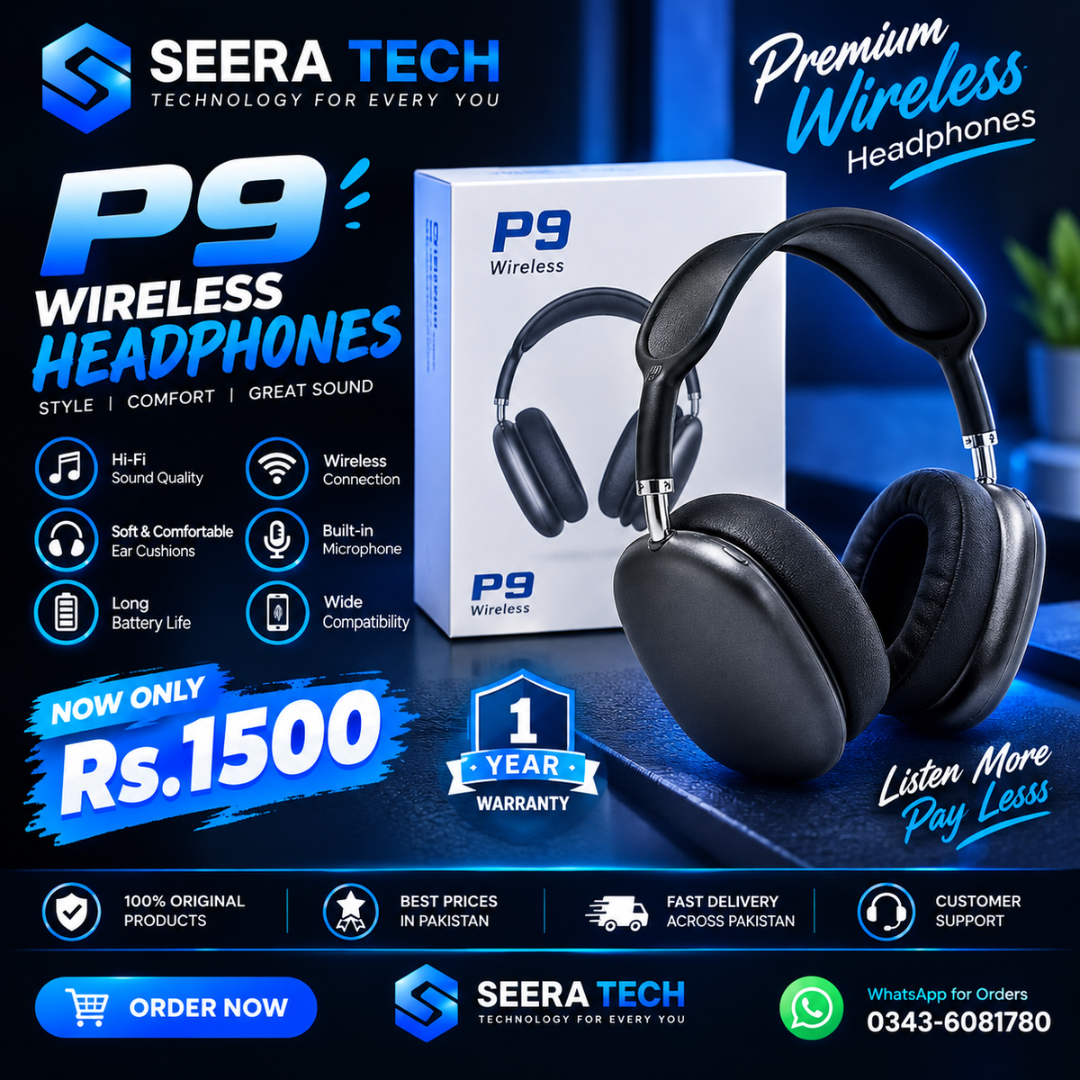 🎧 P9 Wireless Headphones – Deep Bass & Bluetooth 5.3