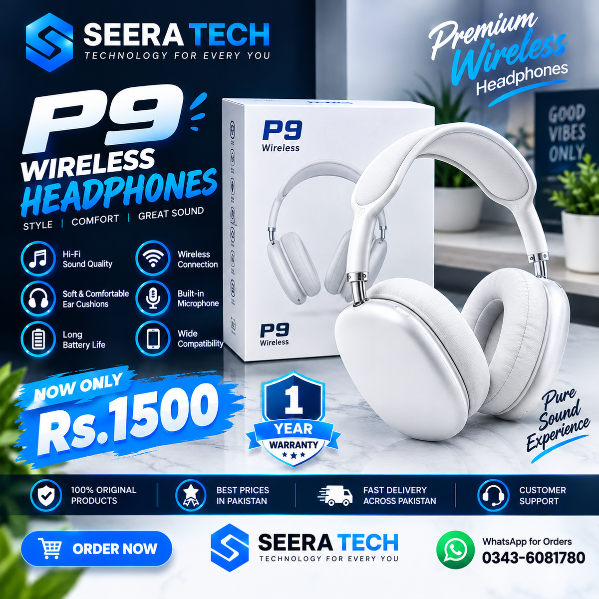 🎧 P9 Wireless Headphones – Deep Bass & Bluetooth 5.3